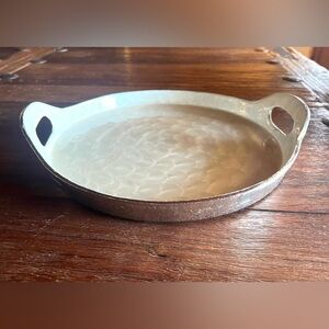 Coastal Decorative White Iridescent and Silver Round Serving Tray with Handles